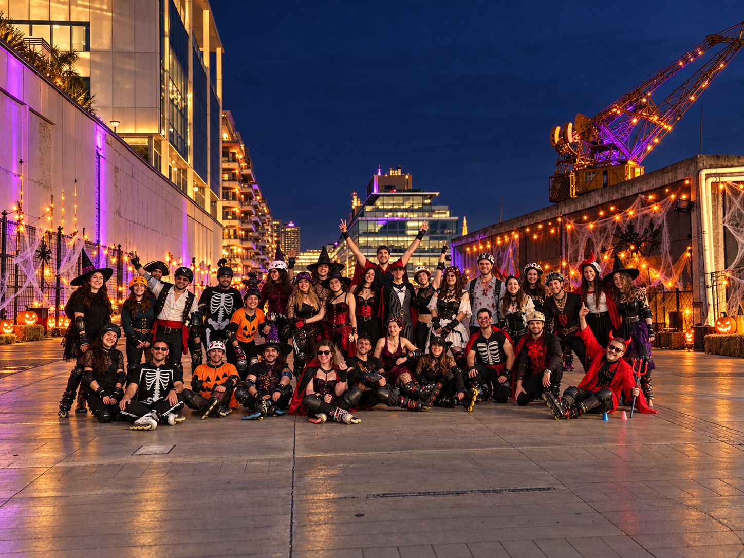 Grupo de patinadores disfrazados de Halloween en Puerto Madero